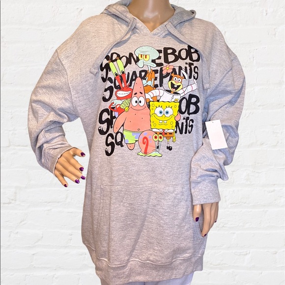 SpongeBob Squarepants Gray Graphic Hooded Pullover Sweatshirt Sz XL Juniors NWT - Picture 2 of 7